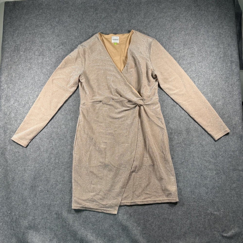 Serra Metallic Wrap Dress Medium Champagne Gold Shimmer Long Sleeve Holiday